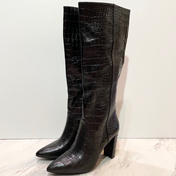 Paige Carmen Croc Knee High Black Boots 